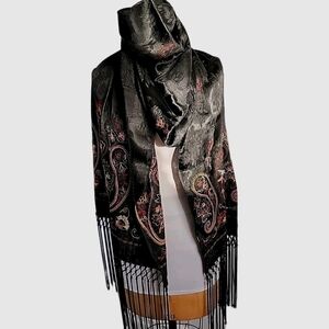 Black Satin Jaquard Paisley Fringed Shawl. Brown Pumpkin White Red Embroidery